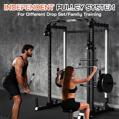 Cofiyard Power Cage, Power Rack with Dual Pulley System, Multi-Function Squat Rack with Cable Crossover, Home Gym Workout Machine