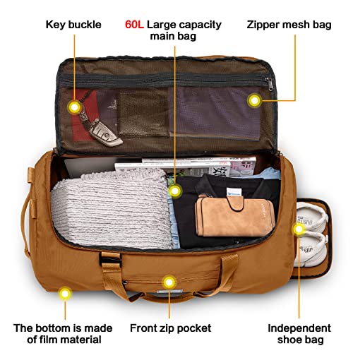 Lyweem Travel Duffle Bag for Men 60L Medium Lightweight Sports Gym Bag Traveling Duffel Backpack for Women Weekender Overnight Bags with Shoes Compartment, Brown - color: Brown