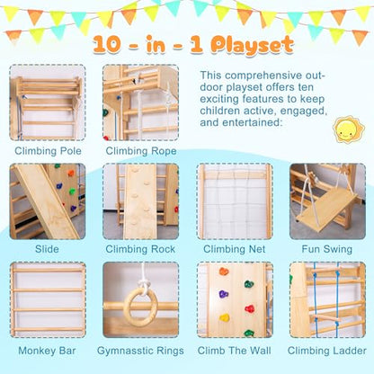 10-in-1 Indoor & Outdoor Wooden Playset for Kids, All-in-One Climbing Playground with Slide, Monkey Bars, Swing, Rock Wall, Climbing Net, Rings & Ladder –Sturdy Backyard Adventure Set for Active Play