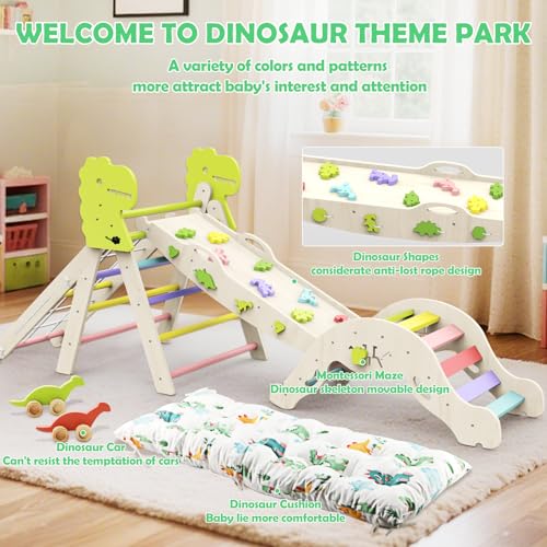 12 in 1 Pikler Triangle Set with Cushion, Montessori Toddler Climbing Toy | Wooden Indoor Climbing Gym, Rope Ladder, Shape Sorter, Push Car, Baby Activity Toy, Motor Skills Development, Dinosaur Design