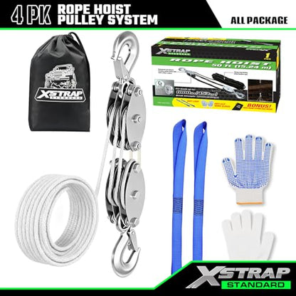 XSTRAP STANDARD Heavy-Duty 2,000 LB Breaking Strength 50 FT Rope Hoist | 1000Lbs work load, metal wheel bearing pulley for lifting heavy objects, includes 2 soft loops, heavy-duty rope hoist (White) - color: 50ft White Standard