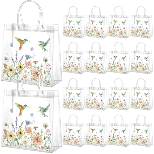 Resholder 24 Pcs Floral Hummingbird Clear Gift Bags with Handles Spring Wildflower PVC Treat Gift Bags for Flower Bird Party Wedding Bridal Baby Shower Birthday Tea Party Decoration, 8 x 8 x 3.15 Inch