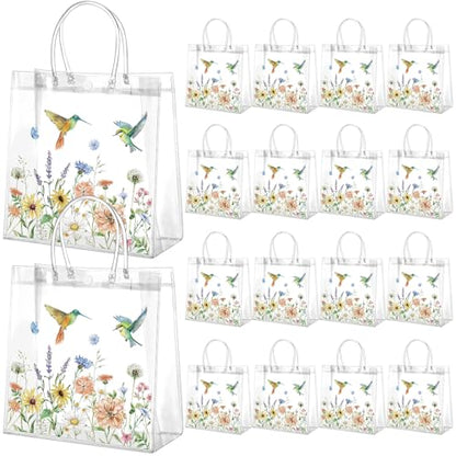 Resholder 24 Pcs Floral Hummingbird Clear Gift Bags with Handles Spring Wildflower PVC Treat Gift Bags for Flower Bird Party Wedding Bridal Baby Shower Birthday Tea Party Decoration, 8 x 8 x 3.15 Inch