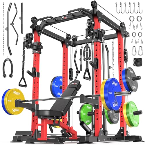 Power Rack Power Cage Multi-Function Squat Rack with Cable Crossover System Selectable More Training Attachment Power Rack for Garage & Home Gym - color: Red, size: G set L02+Weight Bench+（pole+Color BP）348LBS