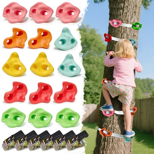 15 PCS Large Ninja Rock Climbing Holds for Kids,Tree Climbing Rock Wall Grips,Adult Rock Wall Holds Climbing Kit with 6 Ratchet Straps for Indoor Outdoor Climbing Wall Holds（Pastel Color） - color: 15 Pcs-pastel Color
