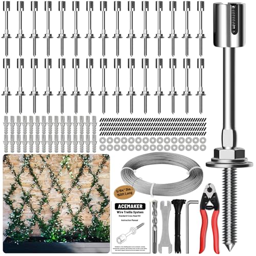 Wire Trellis Kit, 30-Set 5/64” Crosshead with Cutter & 150ft Cable | T316 Marine Grade Stainless Steel, Wall-Mounted Cable Trellis for Climbing Plants Outdoor, Garden Fence Espalier System - size: 30 Sets