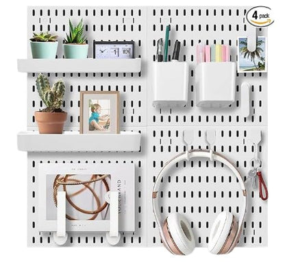 Pegboard Wall Organization Accessories Pack - 25 Pieces of White Hooks, Storage Bins & Fastening Strips (White) - color: White