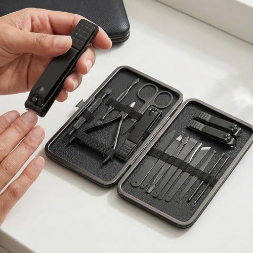 Manicure Kit for Women Men-Manicure Set with Case, Nail Clippers, Portable Nail Care Kit for Travel Home Personal Grooming（Black 16 in 1） - color: Black