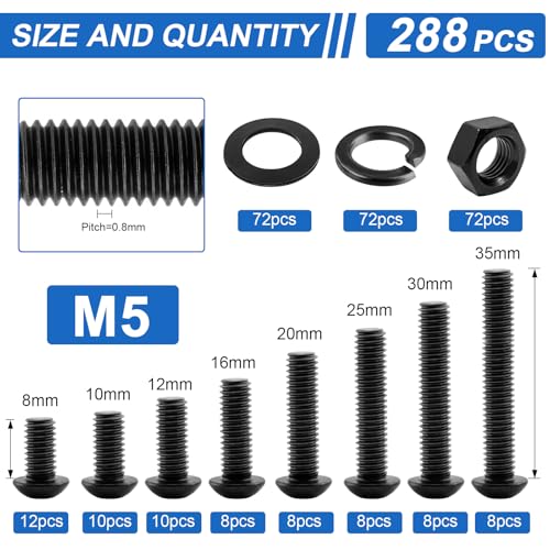 288Pcs M5 Screws Assortment Kit, M5x8/10/12/16/20/25/30/35 mm Hex Socket Button Head Assorted Set, Machine Screws with Nuts & Washers, 10.9 Grade Alloy Steel for 3D Printing - size: M5 Button 10.9 - 288PCS