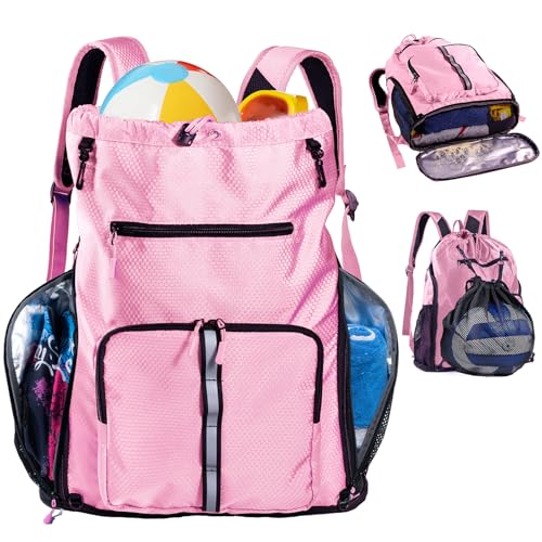 Large Beach Backpack Waterproof Sandproof - Customized Oversized Drawstring Pool Bag with Shoe Compartment for Toiletries, Towels, Gym, Travel - color: Light Pink, size: Large