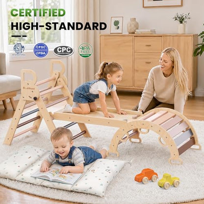 BlueWood Pikler Triangle Set with Cushion, Wooden Climbing Toys for Toddler | Foldable 9-in-1 Montessori Philosophy Toddler Climbing Toys Indoor with Reversible Ramp, Arch and Ladder - Pink - color: Pink