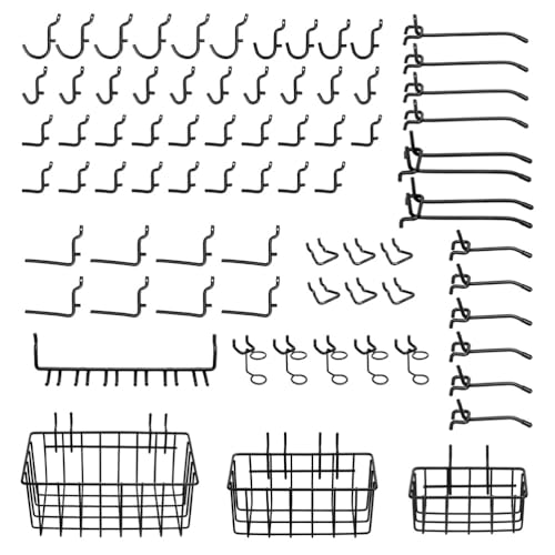 Heavy Duty Pegboard Hooks & Baskets Set, 73-Piece Pegboard Organizer | Black Stainless Steel ¼” Peg Board Accessories Set, 70 Metal Peg Hooks and 3 Storage Bins, for Garage, Workshop, Craft Room - size: 73 Pc Hooks & Baskets
