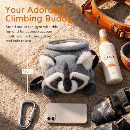 Funny Rock Climbing Chalk Bag, Soft Knitted Climbing Chalk Pouch with Drawstring Adjustable Belt, Fit Bouldering, Gymnastics & Outdoor Activities for Climbers - style: Raccoon