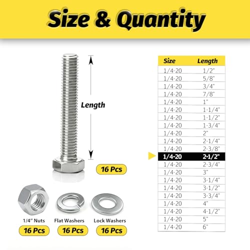 （16 Sets 1/4-20x2-1/2 Hex Bolt,Nut, Flat Washer & Split Lock Washer Assortment Kit,64Pcs 304 Stainless Steel SAE Fastener Set,Ideal for Mechanical Assembly, Equipment Repair and DIY Projects - size: 1/4-20x2-1/2" 16sets