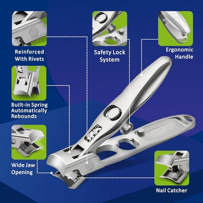 DIGNITY Fingernail & Toenail Clipper Set with Case,4 Pcs Set | Wide Jaw opening,Sharp Blade,with Catcher & Lock,Ideal for Thick & Ingrown Nails - color: Tool Box Nail Clippers