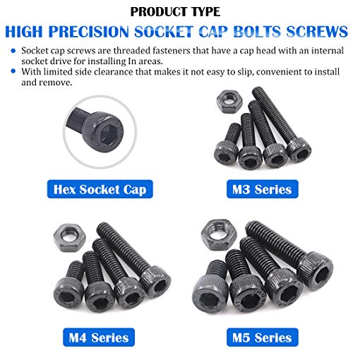 Glarks 510Pcs M3 M4 M5 12.9 Grade Alloy Steel Socket Cap Bolts Screws with Nuts Assortment Kit, Black Oxide Finish - size: Hex Socket Head Cap Screws Set
