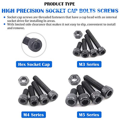 Glarks 510Pcs M3 M4 M5 12.9 Grade Alloy Steel Socket Cap Bolts Screws with Nuts Assortment Kit, Black Oxide Finish - size: Hex Socket Head Cap Screws Set