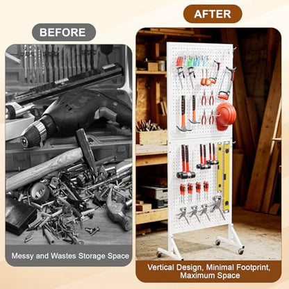 2 x 5.5 FT Metal Pegboard Display Stand with Wheel & Leveling Feet | Peg Board Panels Display Rack with 30 Hooks for Retail Store, Craft Show, Garage, Jewelry Organizer, White - color: White