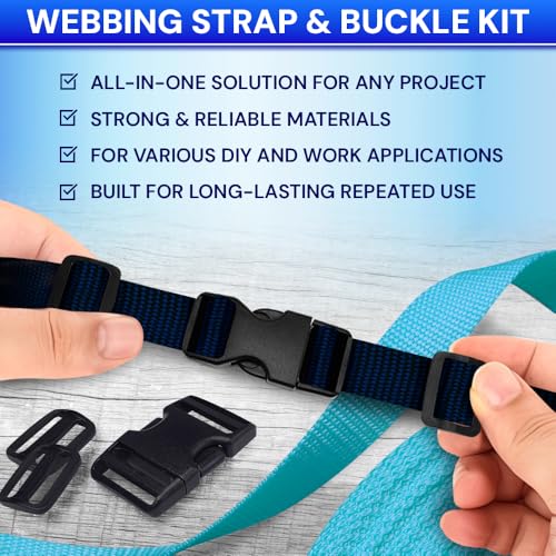 TECEUM 3/4" Nylon Strap Kit with Buckles, Navy Blue 6 yards Repair Set | Heavy duty hardware kit: 6yd webbing, 6 quick release buckles, 12 tri-glide slide clips, 6 metal D-rings for crafting. - color: Navy Blue, size: 3/4" - 6 yards, style: 6 Buckle - 12