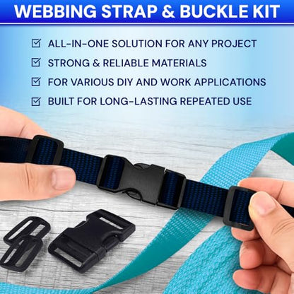 TECEUM 3/4" Nylon Strap Kit with Buckles, Navy Blue 6 yards Repair Set | Heavy duty hardware kit: 6yd webbing, 6 quick release buckles, 12 tri-glide slide clips, 6 metal D-rings for crafting. - color: Navy Blue, size: 3/4" - 6 yards, style: 6 Buckle - 12