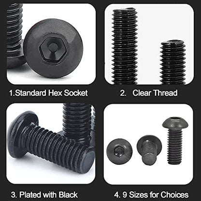 219 Pcs M6/M5/M4 Black Button Head Nuts and Bolts, Socket Cap Screws Nuts Assortment Kit, Allen Hexagon Round Mushroom Machine Screws Assortment Set - size: Black Round Head