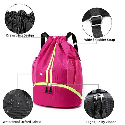 Valleycomfy Sports Drawstring Backpack - Water Resistant String Bag Rose | with Side Mesh Pockets Shoe Compartment Gym Backpack for Women & Men - color: A-rose