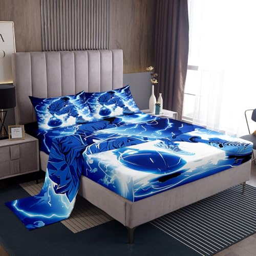 Erosebridal Boys Basketball Twin Bed Sheets Set for Kids Teens, Cool Basketball Player Printed Sheet Set, Basketball Sports Theme Sheets, Blue Thunder Lightning Flat Fitted Sheet 3 Piece - color: Black Blue, size: Twin
