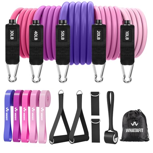 WHATAFIT Resistance Bands with Handles, 5-Level Exercise Bands for Workout | Natural latex,10-50 lbs, stackable to 150,Ankle Straps, Door Anchor,Guide. For Strength, Yoga,Home Gym,Travel & Workout. - color: Pink Purple 16PCS