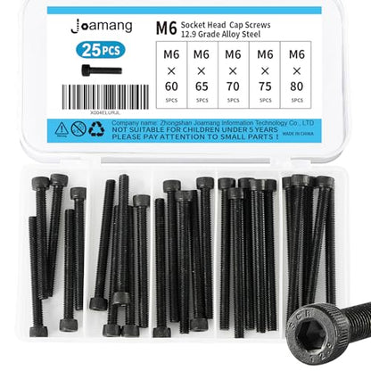 M6 x 60mm 65mm 70mm 75mm 80mm Hex Socket Head Cap Screws Bolts, 12.9 Grade Alloy Steel, Black Oxide Finish, Metric Allen Drive, Fully Threaded, Assortment Kit 25Pcs - size: Socket M6x60-80mm
