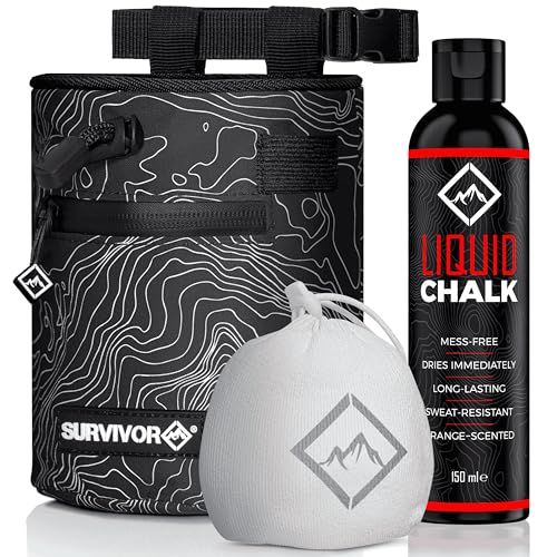 SURVIVOR Chalk Bag + Refillable Chalk Ball + 150ML Liquid Chalk Bundle