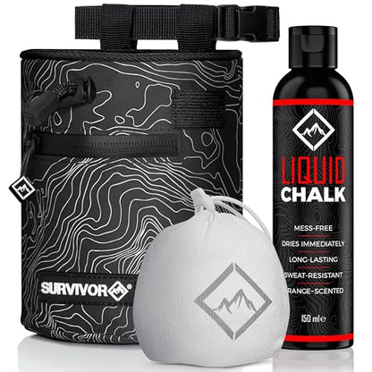 SURVIVOR Chalk Bag + Refillable Chalk Ball + 150ML Liquid Chalk Bundle