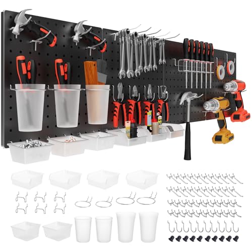 FZK Peg Board, 74PCS Metal Pegboard Wall Organizer Kit. Heavy Duty Pegboard, Peg Boards, Pegboard for Walls, Black Pegboard for Garage Craft Room Workbench Office Kitchen Tool Organization, 24 * 24 - color: 74PCS-Black Pegboard Kit