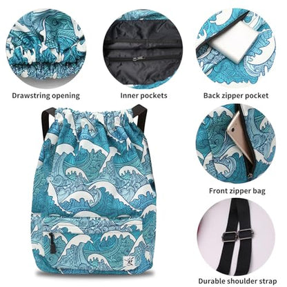 Waterproof Drawstring Bag, Gym Bag Sackpack Sports Beach Backpack for Men Women - color: 03-wave