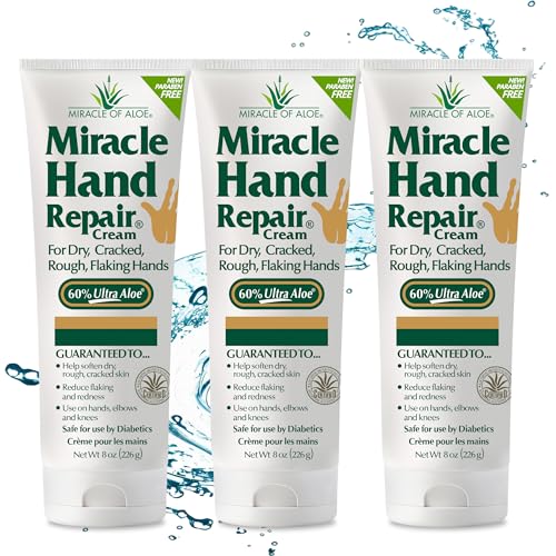 Miracle Hand Cream For Dry Cracked Hands, 8 Oz, 60% Aloe Vera, 3 Pack | Hand Repair Cream, Non Greasy, Working Hands, Fast Absorbing Lotion, Extremely Dry Skin, Travel Size, Elbows & Knees - size: 8 Ounce (Pack of 3)