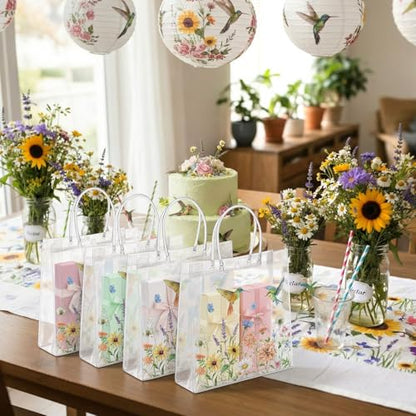 Resholder 24 Pcs Floral Hummingbird Clear Gift Bags with Handles Spring Wildflower PVC Treat Gift Bags for Flower Bird Party Wedding Bridal Baby Shower Birthday Tea Party Decoration, 8 x 8 x 3.15 Inch