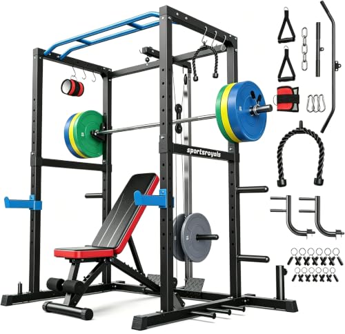 SPORTSROYALS Power Rack, Multi-Functional Power Cage, Squat Rack with Pulley System & LAT Pull Down, Workout Cage with J Hooks for Home Gym - color: Blue, style: 230LB Colorful Package with BC