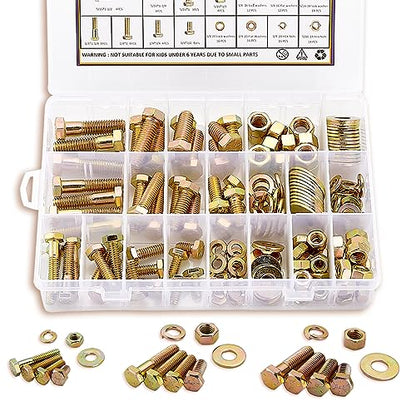 ZTF SAE Grade 8 Bolts and Nuts Assortment Kit, Heavy Duty Hex Cap Screw & Bolt Assortment Sets 12 Common Sizes, 1/4-20 5/16-18 3/8-16 Assorted Nuts Bolts Washers, 42 Sets, 3/4" to 1-1/2" Length - style: gold-1/4-20 5/16-18 3/8-16 Sae bolts