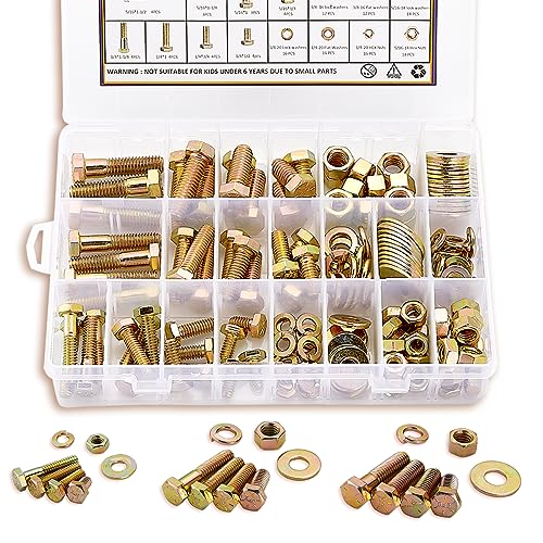 ZTF SAE Grade 8 Bolts and Nuts Assortment Kit, Heavy Duty Hex Cap Screw & Bolt Assortment Sets 12 Common Sizes, 1/4-20 5/16-18 3/8-16 Assorted Nuts Bolts Washers, 42 Sets, 3/4" to 1-1/2" Length - style: gold-1/4-20 5/16-18 3/8-16 Sae bolts