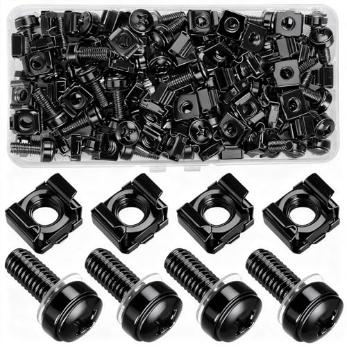 110 Pcs/55 Set Rack Mount Screws and Cage Nuts for Rack Mount Server Cabinet, Black Carbon Steel Rack Screws and Cage Nuts with Washers, M6 x 20 mm for Server Racks, Shelves, Cabinets - color: black