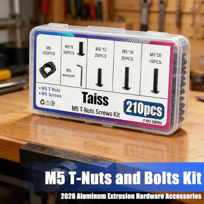 Taiss 210PCS M5 T-Nuts and Bolts Kit for 2020 Aluminum Extrusion Hardware,Hammer Head M5 T-Slot Nut,M5x8/12/16/20mm Hexagon Socket Screws with Hex Wrench - size: 210PCS M5 T-Nuts Screw Kit