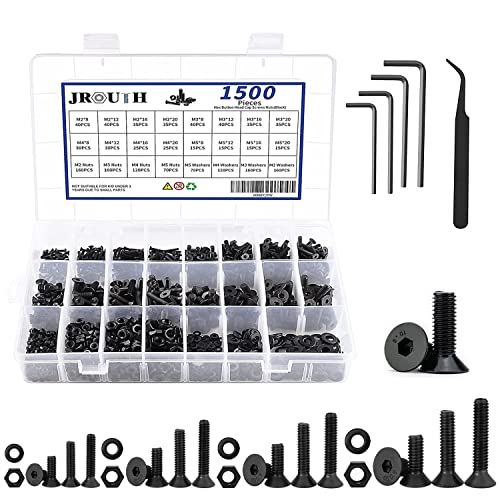 1500Pcs M2 M3 M4 M5 Hex Socket Flat Head Screws Assortment Kit | 16 Sizes 8mm to 20mm, 10.9 Alloy Steel Metric Bolt Assortment Machine Screws Nuts & Washers, Includes Allen Wrench Tweezers - color: A Black Hex Flat Head Cap Bolts