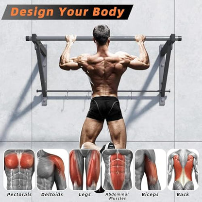 ZHNSDYN Wall Mounted Pull Up Bar with 500LBS Capacity for Gym Home | Adjustable Depth, 4 Hooks, Heavy Duty, Strength Training, Easy Install, Chin Up Bar for Doorway