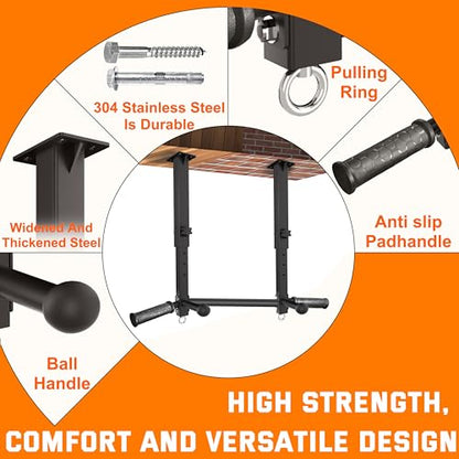 Ceiling Mount Pull Up Bar - 800 LBS Heavy Duty Adjustable Height Chin Up Bar with Ball Grips & TRX Anchors, Multi-Grip Overhead Workout Station for Garage, Basement & Home Gym