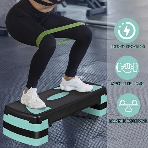 HomGarden Adjustable Workout Aerobic Stepper in Fitness & Exercise Step Platform Trainer Stepper w/Risers Adjust 4"-6''-8'' - color: Green/Blue