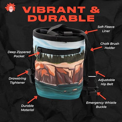 Rock Climbing Chalk Bag | for Outdoor, Gym, & Bouldering | Adjustable Waist Belt, Durable Drawstring Closure, & Zippered Pocket - style: Acadia