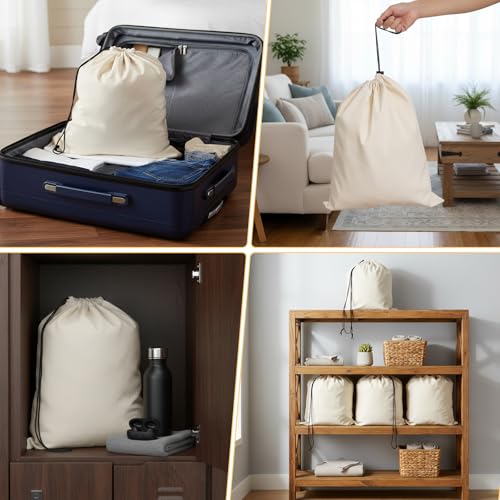6 Pack Cotton Shoe Bags for Travel & Storage - 17.7"x13.8" Dustproof Drawstring Pouches, Washable & Reusable Cotton Organizers (Beige)