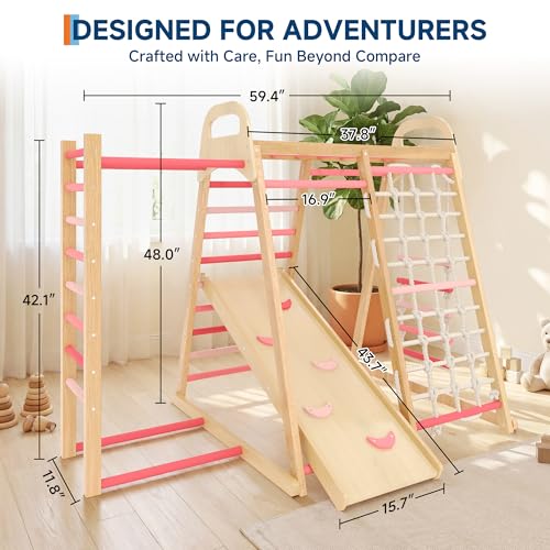 7-in-1 Wooden Jungle Gym, Indoor Kids Climbing Playset for Toddlers - color: Rainbow