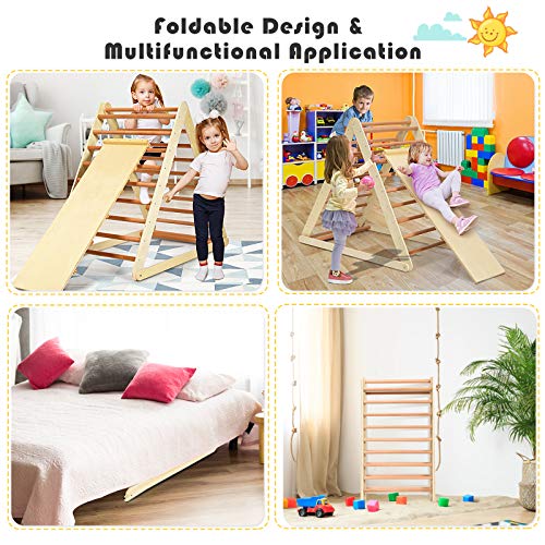 HONEY JOY Triangle Climber with Ramp, 2-in-1 Indoor Toddler Climbing Triangle Set with Ladder & Slide, Foldable Wooden Kids Climbing Toys for Playground, Gym & Daycare, Gift for Boys Girls (Natural) - color: Natural