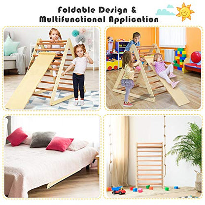 HONEY JOY Triangle Climber with Ramp, 2-in-1 Indoor Toddler Climbing Triangle Set with Ladder & Slide, Foldable Wooden Kids Climbing Toys for Playground, Gym & Daycare, Gift for Boys Girls (Natural) - color: Natural