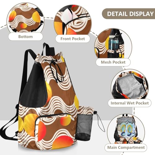 Drawstring Climbing Gym Bag With Pockets Drawstring Bags with Wet Dry Compartments Abstract Art Wave Lines Round Brown
